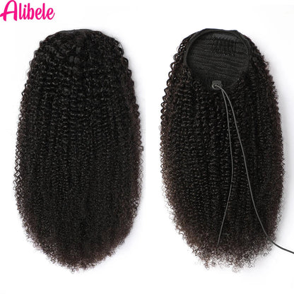 Alibele Mongolian Afro Kinky Curly Drawstring Ponytail – 4B/4C Remy Human Hair Extensions 10-28 Inch Clip-In