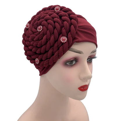 Diamond Braided Turban Hat for Women – Muslim Hijab Bonnet, African Headwrap Cap, Inner Headscarf