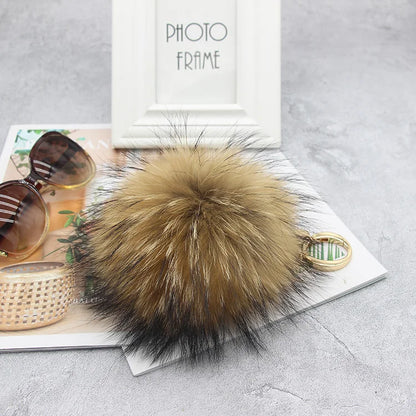 Luxury 15cm Fluffy Real Raccoon Fur Pom Pom Keychain – High-Quality Metal Ring Pendant for Women