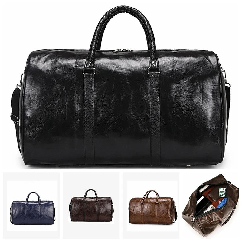 Leather Travel Duffle Bag – Large Fitness & Luggage Shoulder Bag for Men, Black PU Fashion Zipper Handbag