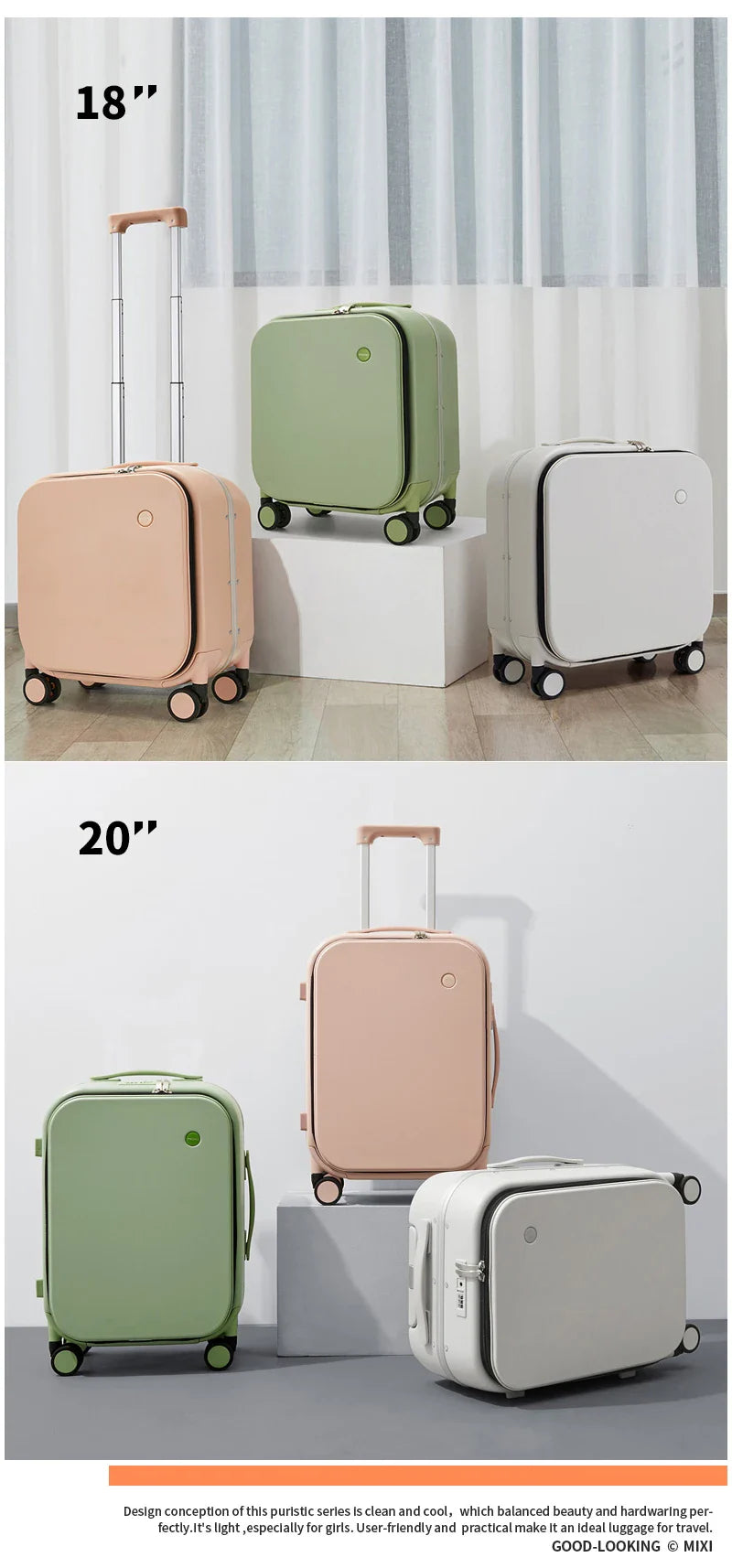 Mixi Aluminum Frame Carry-On Suitcase — Patent Design Rolling Luggage for Cabin, 18/20/24 Inch M9260