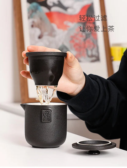 HMLOVE Ceramic Teapot Set – 1 Pot & 4 Cups Chinese Kung Fu Gaiwan with Strainers, 260ML Portable Travel Teaware Gift for Business