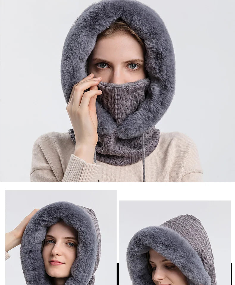 Winter Fur Cap Mask Set – Hooded Knitted Cashmere Neck Warmer, Plush Windproof Balaclava Ski Beanie for Women