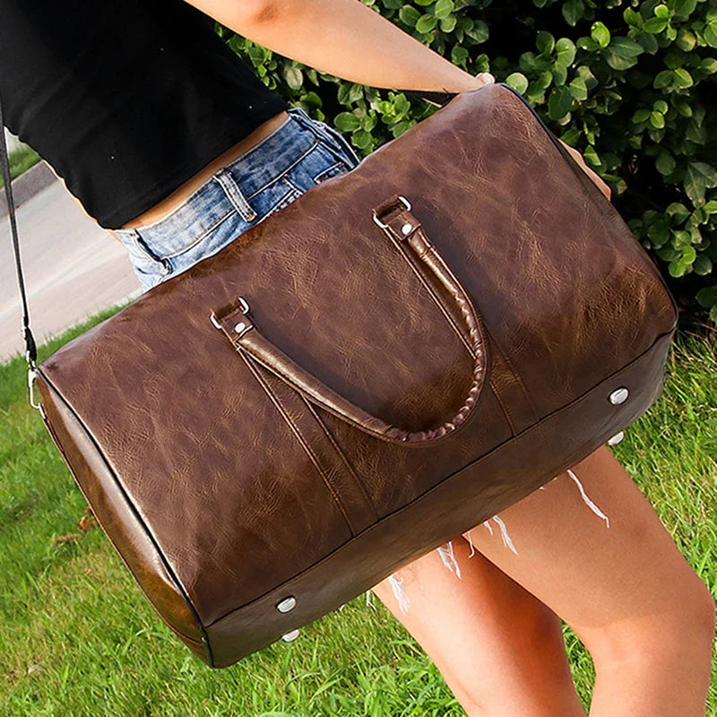 Leather Travel Duffle Bag – Large Fitness & Luggage Shoulder Bag for Men, Black PU Fashion Zipper Handbag