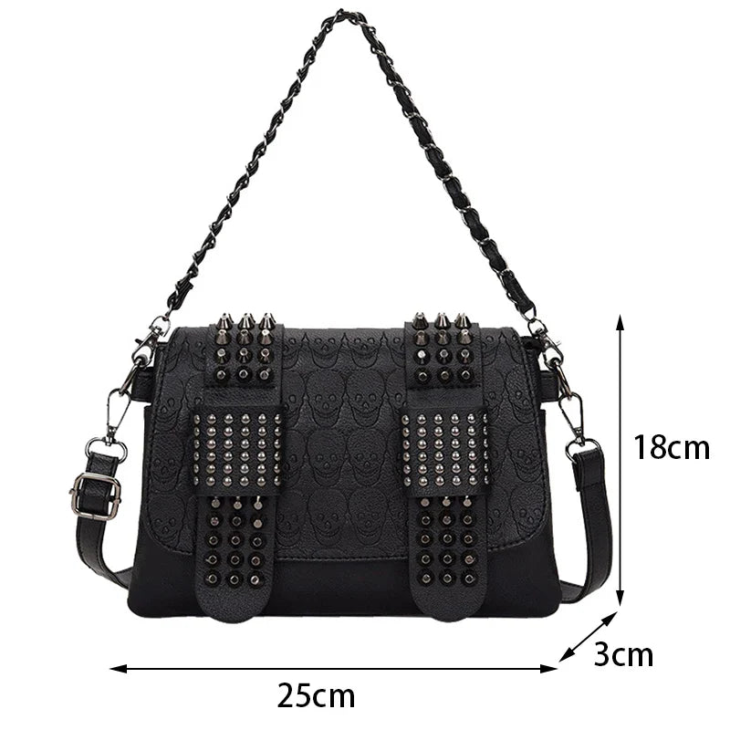 Vintage Skull Rivet PU Leather Shoulder Bag — Women’s Black Crossbody Flap Messenger Handbag