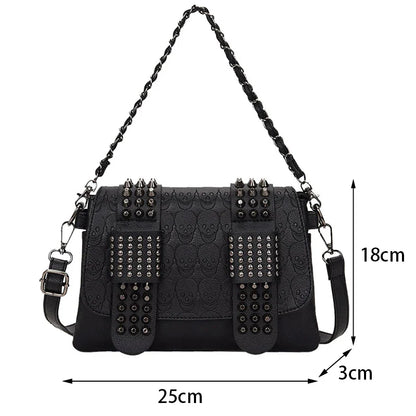 Vintage Skull Rivet PU Leather Shoulder Bag — Women’s Black Crossbody Flap Messenger Handbag