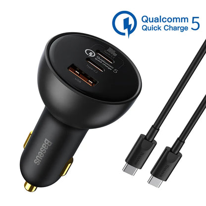 Baseus 160W Car Charger – QC 5.0 Fast Charging PPS PD 3.0 USB-C Multi-Port Car Charger for iPhone 15/14/13 Pro, Laptops & Tablets Quick Charge Adapter