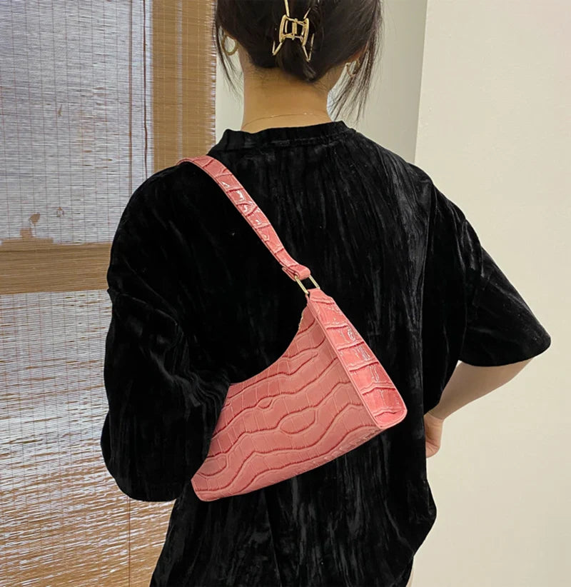Fashion PU Leather Handbag for Women – Alligator Pattern Small Underarm Messenger Bag & Purse