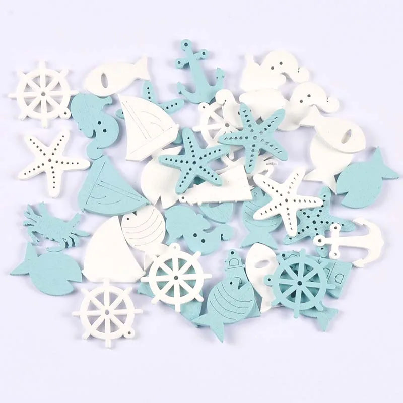 20PCS Ocean Theme Blue & White Wood Slice Embellishments – DIY Scrapbooking, Crafts & Home Decor
