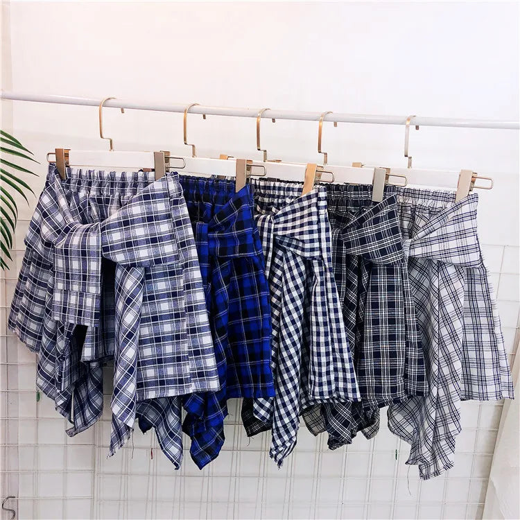 TOTRUST Women’s Fashion Asymmetrical Summer Plaid Mini Skirt – Casual College Style Fake Shirt Design
