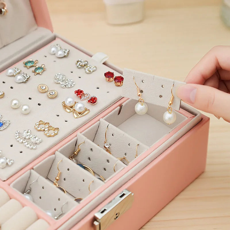 Double-Layer Wooden Jewelry Box – PU Leather Ring & Accessory Organizer with Storage and Makeup Case