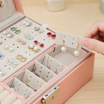 Double-Layer Wooden Jewelry Box – PU Leather Ring & Accessory Organizer with Storage and Makeup Case