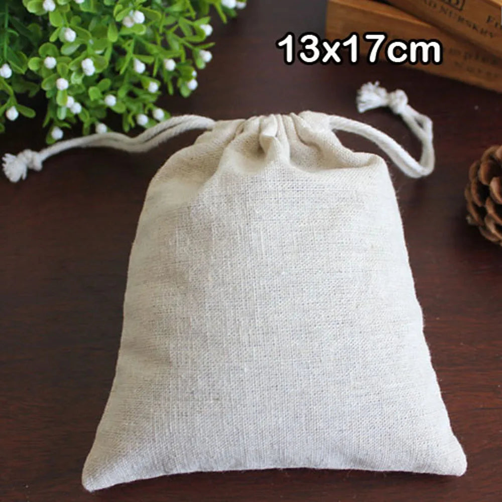 50PCS Natural Linen Gift Bags — 5×7, 7×9, 9×12cm Jute Candy & Jewelry Pouches