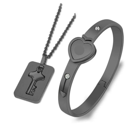 Couple Jewelry Set – Stainless Steel Love Heart Lock Bracelets & Key Pendant Necklace for Men & Women Gift