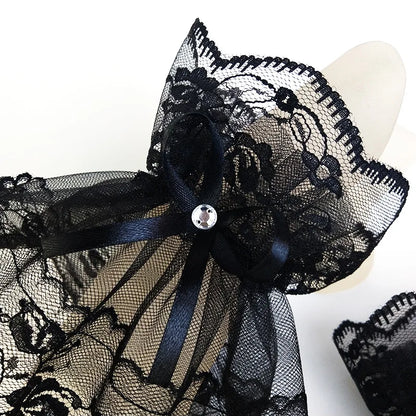 Women's Lace Wrist Cuff Bracelets - Short Arm Sleeves, Gothic Fingerless Gloves with Bowknot, Fashionable Solid Black & White