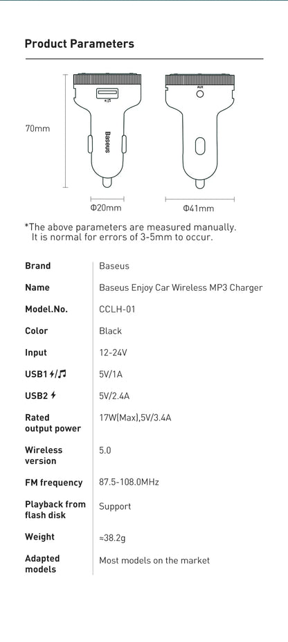 Baseus Bluetooth 5.0 FM Transmitter – Wireless Car Kit with USB Fast Charger, AUX, MP3 Player & Hands-Free Calling