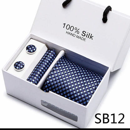 100% Silk Tie Gift Set - Classic Striped Wedding Necktie with Handkerchief for Men