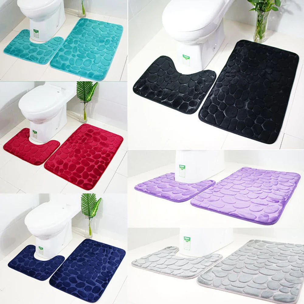 2PC Set Funnel Cobblestone Anti-Slip Bathroom Mat - Toilet Rug, New Bath Mat Set