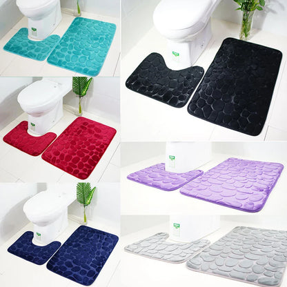 2PC Set Funnel Cobblestone Anti-Slip Bathroom Mat - Toilet Rug, New Bath Mat Set