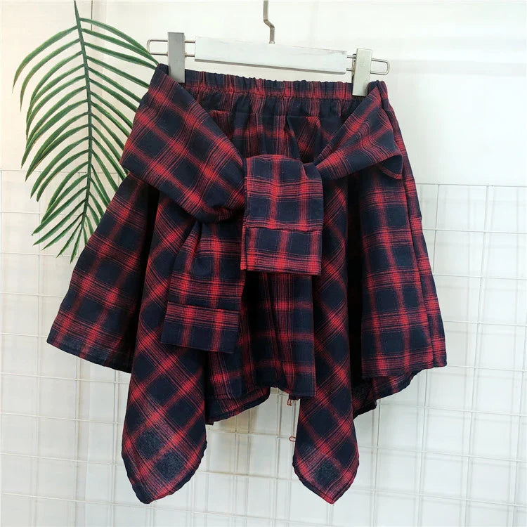 TOTRUST Women’s Fashion Asymmetrical Summer Plaid Mini Skirt – Casual College Style Fake Shirt Design