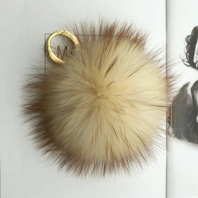 Luxury 15cm Fluffy Real Raccoon Fur Pom Pom Keychain – High-Quality Metal Ring Pendant for Women