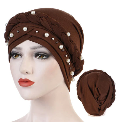 Women’s Cotton Head Scarf – Solid Turban Bonnet Hijab Cap with White Pearl Inner, Muslim Arab Wrap
