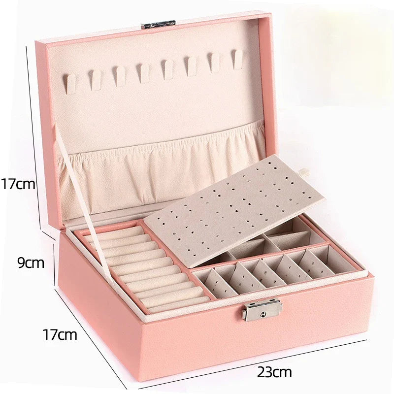 Double-Layer Wooden Jewelry Box – PU Leather Ring & Accessory Organizer with Storage and Makeup Case