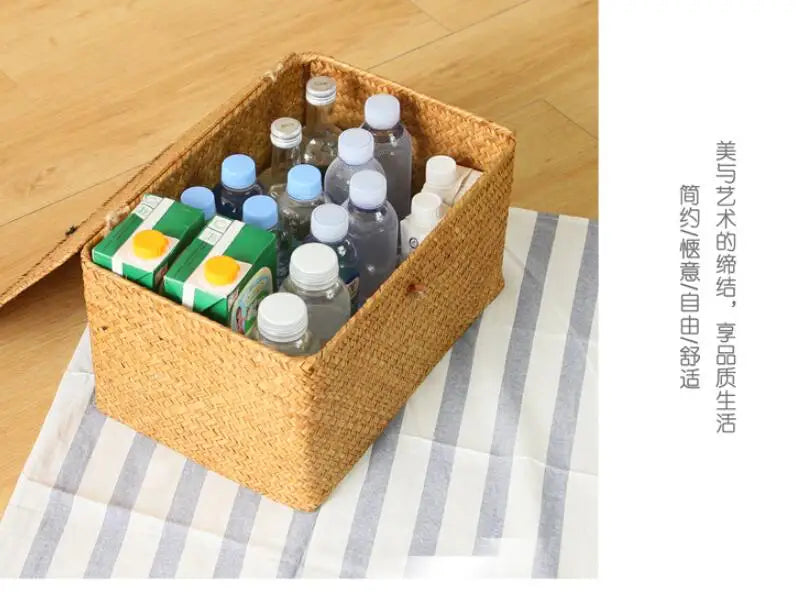 Handmade Seagrass Woven Storage Box with Lid - Seaweed Finishing Basket for Sundries, Bath Cosmetics, and Towels, Model MX01161829