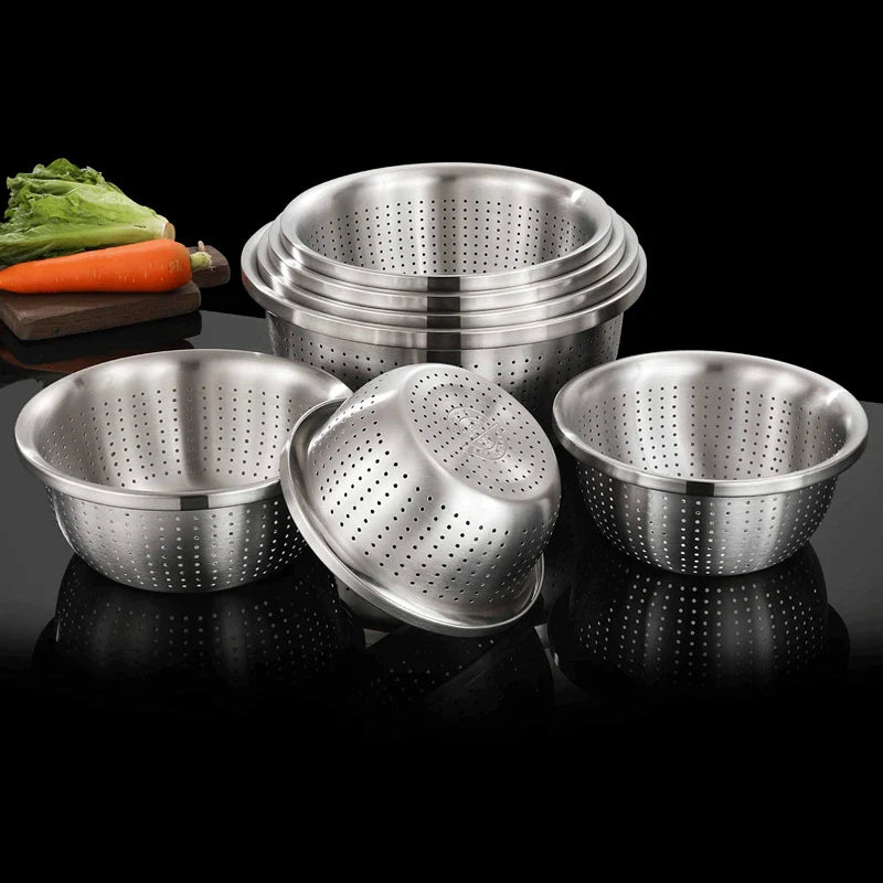 Stainless Steel Drain Basket Colander – Round Rice Cleaning Sieve & Fruit Vegetable Washing Strainer for Kitchen Use