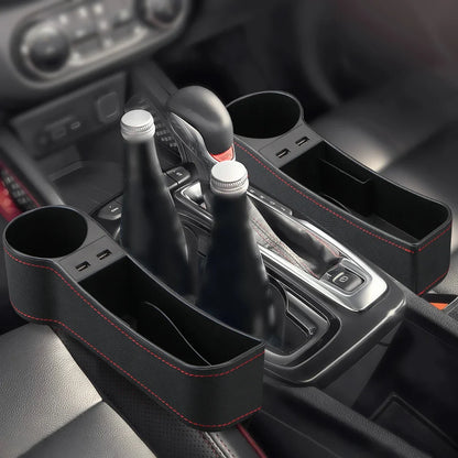 Car Seat Gap Organizer – Leather Auto Crevice Storage Box with Cup & Phone Holder, USB Option