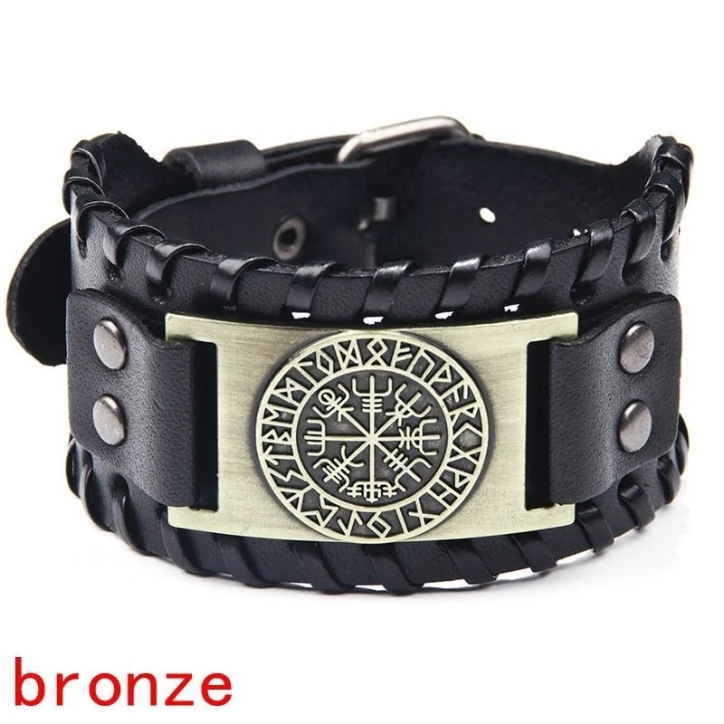 Totem Design Wide Leather Pirate Compass Bracelet - Men's Celtic Viking Jewelry, Party Gift Accessories