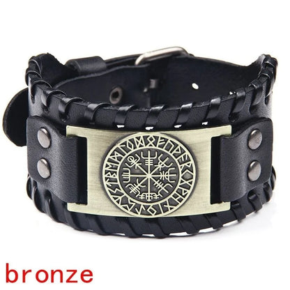 Totem Design Wide Leather Pirate Compass Bracelet - Men's Celtic Viking Jewelry, Party Gift Accessories