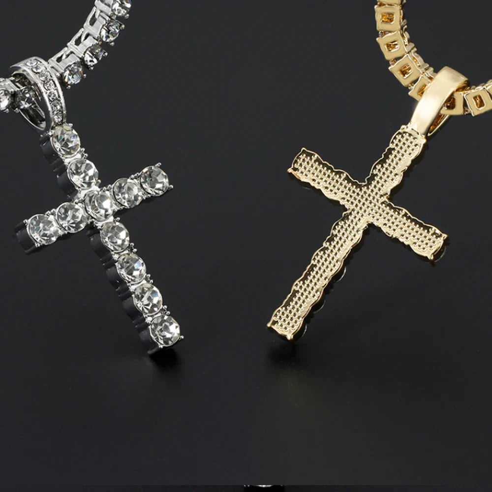 Hip Hop Cross Pendant Necklace – Shiny 4MM Zircon Tennis Chain, Iced Out Bling Jewelry for Men and Women, Exquisite Fashion Gift