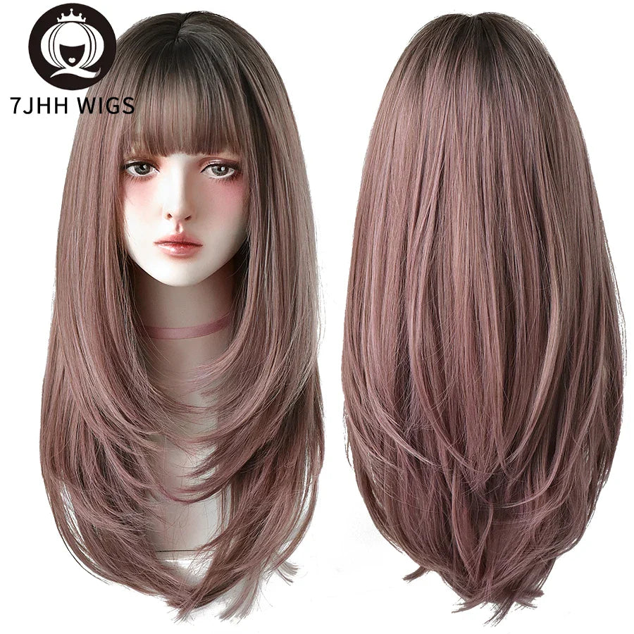 7JHHWIGS Long Straight Light Brown Synthetic Wig with Bangs – Heat-Resistant Daily Wear Wig for Women