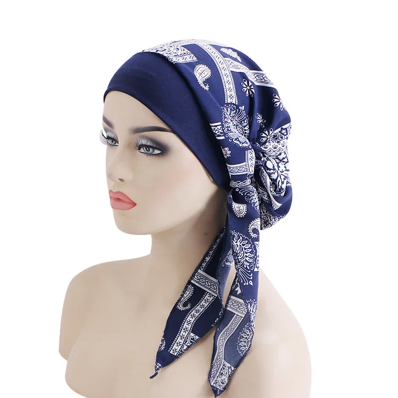 Women’s Pre-Tied Turban Cap – Muslim Hijab & Chemo Hair Loss Head Scarf with Flower Print Stretch Bandana
