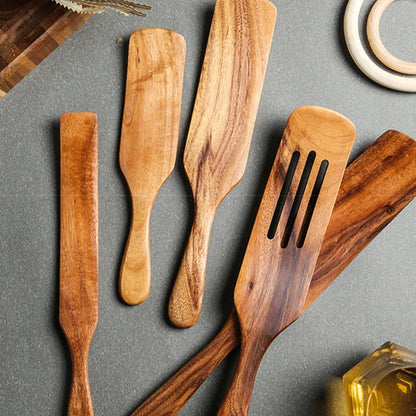 1-7pcs Teak Wood Tableware Set – Natural Wooden Spoons, Colander Spoon & Soup Skimmer Cooking Tool Kit