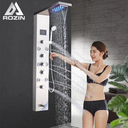 Brushed Nickel Bathroom Shower Column - Wall-Mounted Black LED Shower Panel with Digital Screen, 6 Modes & Rainfall Mixer Tap