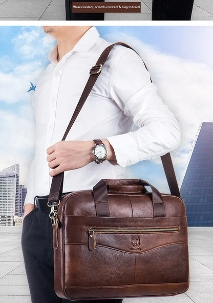 BULLCAPTAIN Men's Genuine Leather Briefcase – 14-Inch Laptop Shoulder Messenger Bag for Business & Office
