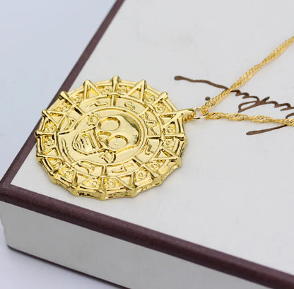 Caribbean Pirates Aztec Gold Coin Necklace – Retro Skull Pendant, Punk Hip Hop Movie Accessory