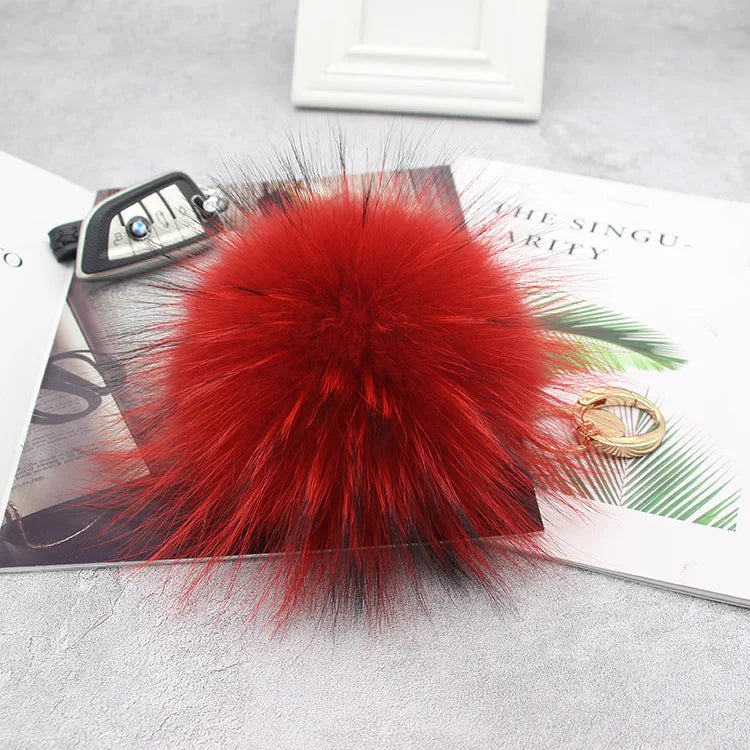Luxury 15cm Fluffy Real Raccoon Fur Pom Pom Keychain – High-Quality Metal Ring Pendant for Women