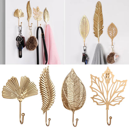 Nordic Style Gold/Green Leaf Shape Wrought Iron Hook Wall Hanger - Towel Clothes Storage Rack for Home Organization