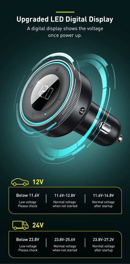 Baseus Bluetooth 5.0 FM Transmitter – Wireless Car Kit with USB Fast Charger, AUX, MP3 Player & Hands-Free Calling