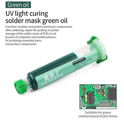 LUXIANZI 10ml UV Curing Solder Mask Ink – 5 Colors Green PCB BGA Circuit Board Insulating Protection Soldering Flux Paste