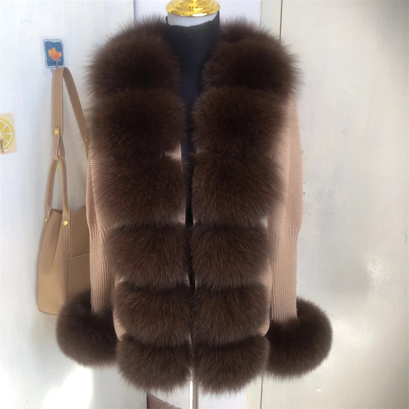 Women’s Spring & Autumn Sweater Cardigan – Real Fox Fur Collar Jacket, Natural Fur Outerwear