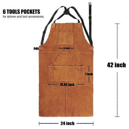 Heavy Duty Leather Welding Apron - Flame-Resistant Work Forge Apron with 6 Pockets - 42-Inch Large Size