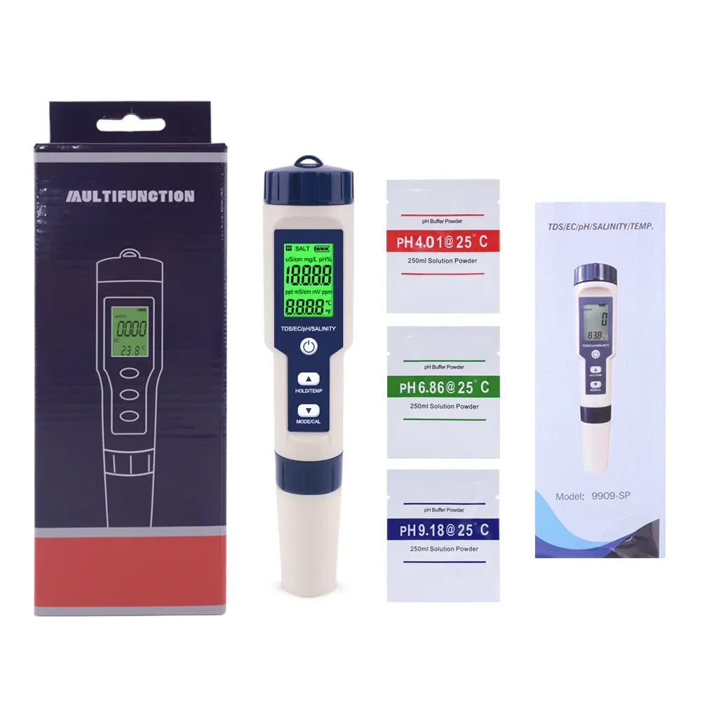 5 in 1 PH Meter Water Quality Tester - Digital TDS, EC, PH, Salinity & Temperature Meter for Pools & Aquariums with Backlight