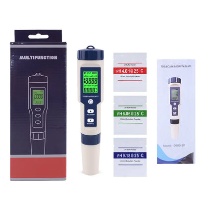 5 in 1 PH Meter Water Quality Tester - Digital TDS, EC, PH, Salinity & Temperature Meter for Pools & Aquariums with Backlight