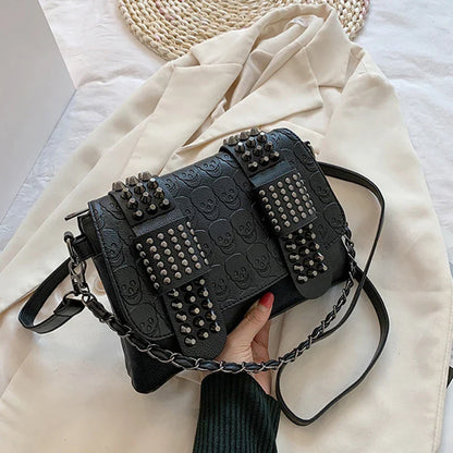 Vintage Skull Rivet PU Leather Shoulder Bag — Women’s Black Crossbody Flap Messenger Handbag