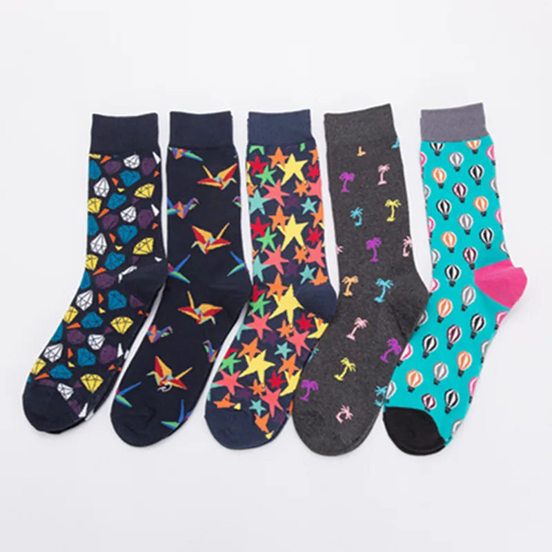 Men's Colorful Combed Cotton Jacquard Crew Socks - Striped Business Casual Dress Socks