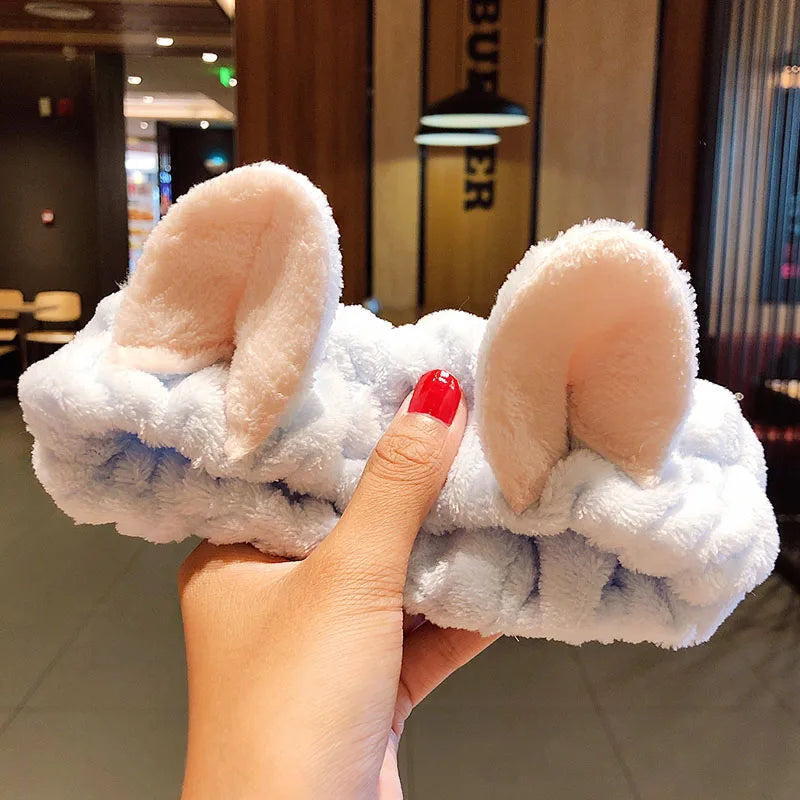 Soft Coral Fleece Bow Headband – Wash Face Hair Holder with Animal Ears for Women & Girls